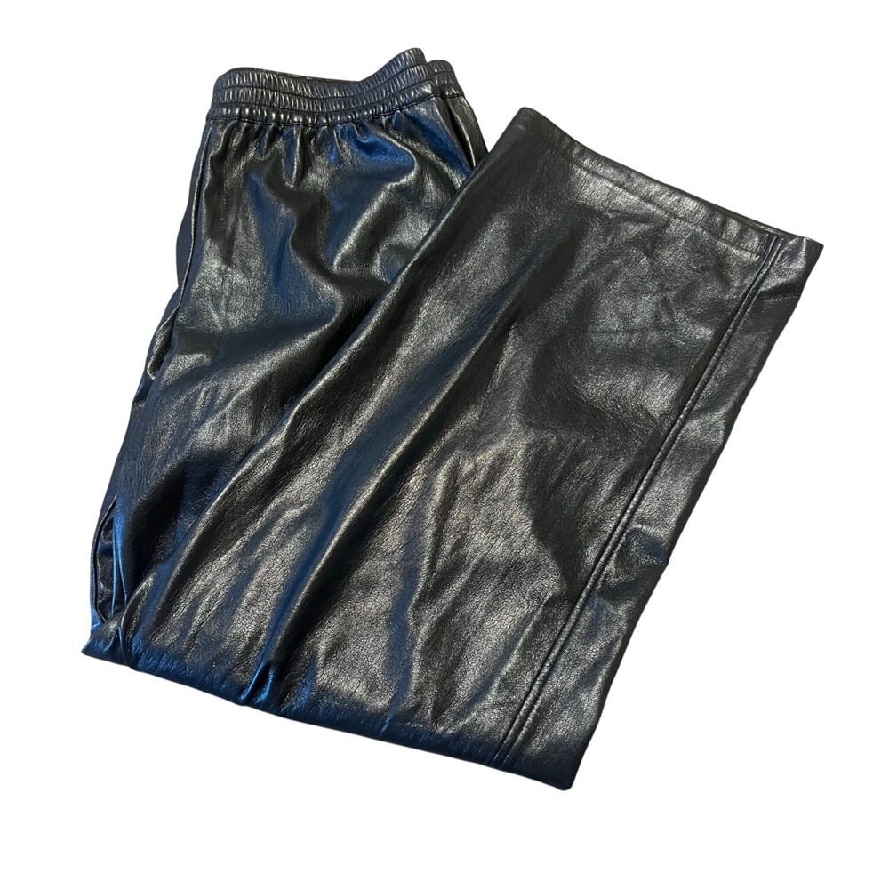 Babaton Women L Adult Pants Black Vegan Faux Leather Wide Leg Elastic Waist